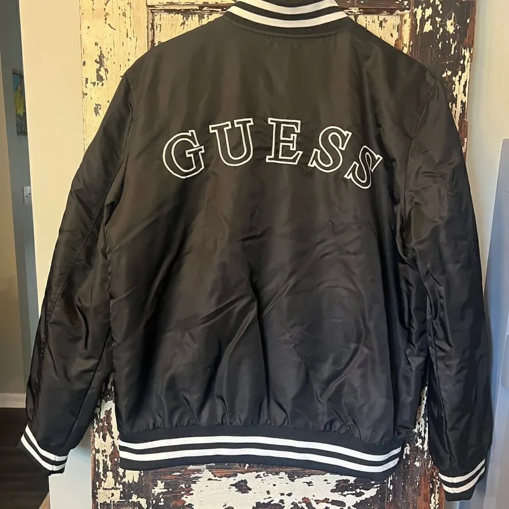 Guess Mens Large Satin Varsity Bomber Jacket Full Zip Snap 81 Spell Out Logo L